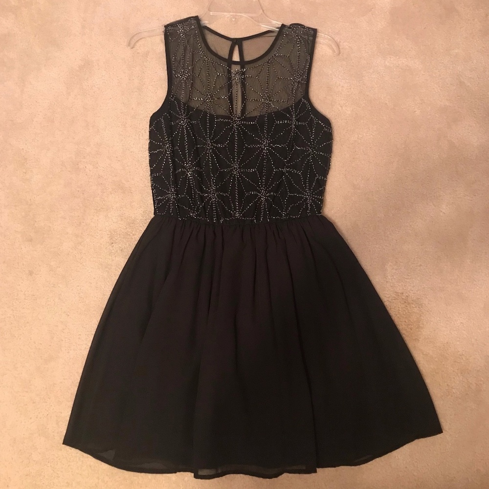 Mini Formal Black Dress, Beaded Illusion Neckline